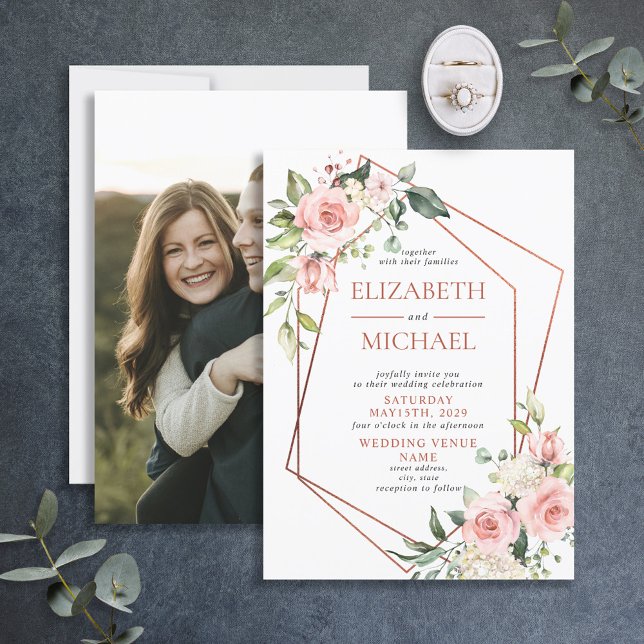 Kupfergeometrische Pfirsichfarben Rosa Blumenzehen Einladung (Von Creator hochgeladen)