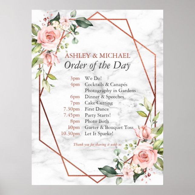 Kupfergeometrischer Marmor Rosa Blumenorden Poster (Vorne)