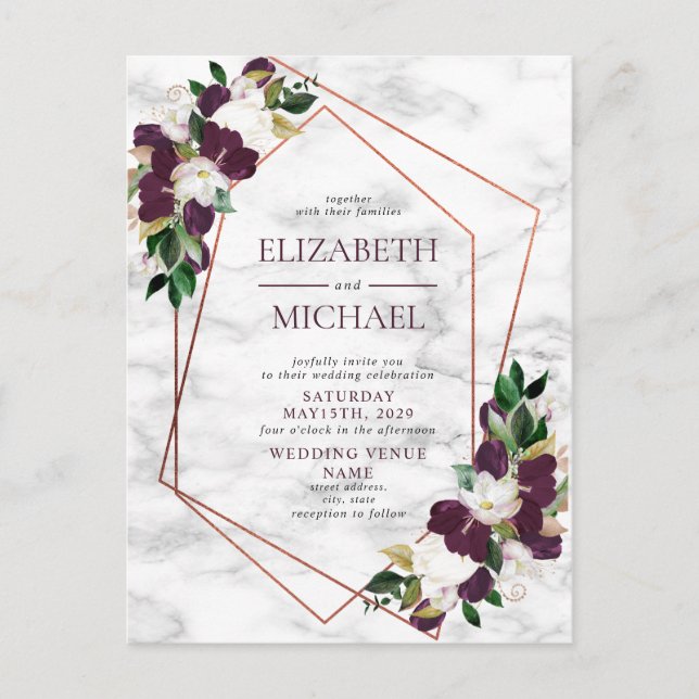 Kupfergeometrisches Marble Burgundy Postcard Weddi Ankündigungspostkarte (Vorderseite)