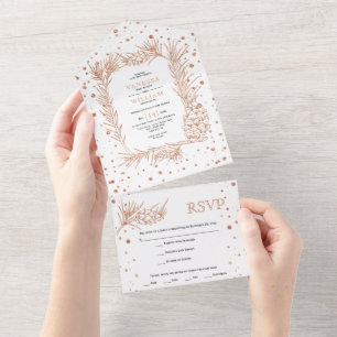 Kupferglitter-Tanne und Konfetti Winterhochzeit All In One Einladung