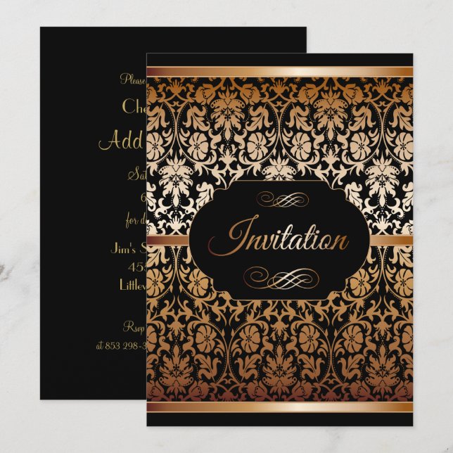 Kupfergold und Schwarze Damask Party-Vorlagen Einladung (Vorne/Hinten)
