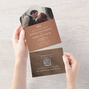 Kupferholz QR Foto Hochzeit All In One Einladung