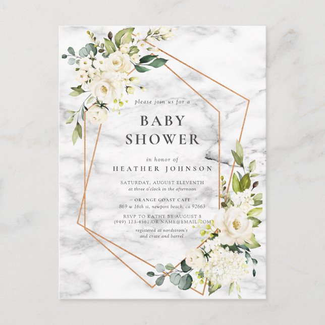 Kupfermarble Geometric White Floral Baby Dusche Ankündigungspostkarte (Vorderseite)