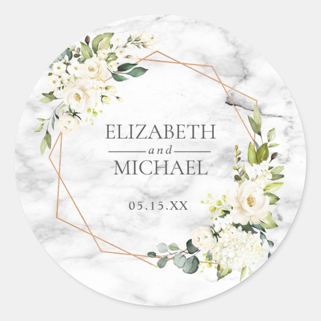 Kupfermarmor Geometric White Floral Wedding Runder Aufkleber (Vorderseite)