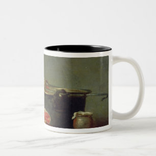 Kupferner großer Kessel mit einem Krug Zweifarbige Tasse