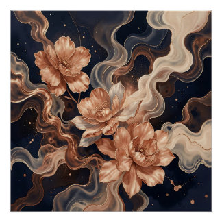 Kupferpfirsichblüten Mitternachts-Fluid-Abstrakt Poster
