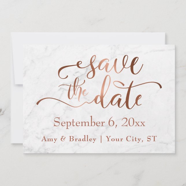 Kupferskript & White Marble Wedding Speichern Sie  Save The Date (Vorderseite)