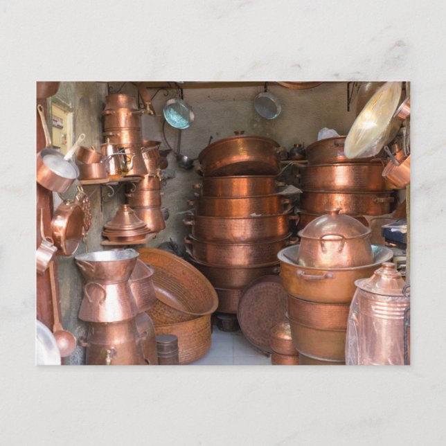 Kupfertöpfe auf dem Markt Postkarte (Vorderseite)