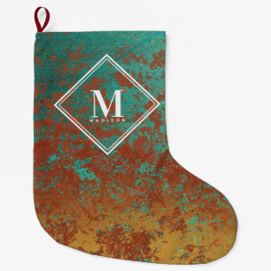 Kupfertürkis-Metallic-Textur Monogramm Großer Weihnachtsstrumpf