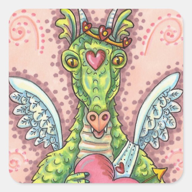 KUPID DRAGON, HERZ UND ARROS FANTASY VALENTINE QUADRATISCHER AUFKLEBER (Vorderseite)