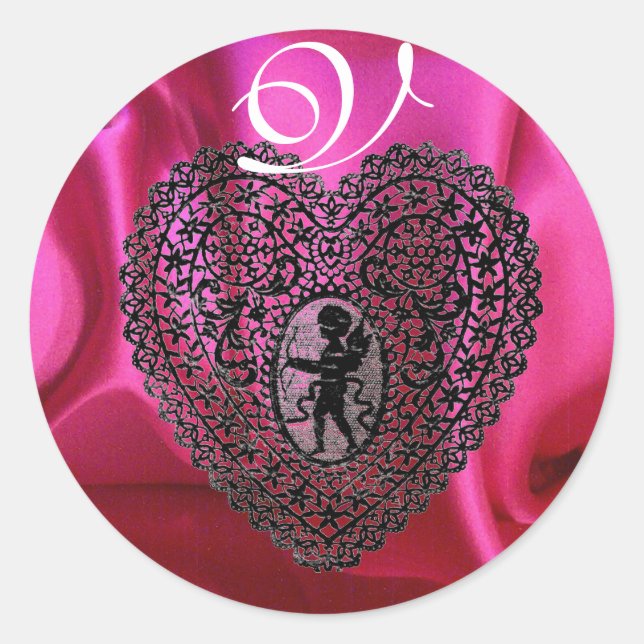 KUPID LACE HERZ SILK FUCHSIA KLOTH, Pink Black Runder Aufkleber (Vorderseite)