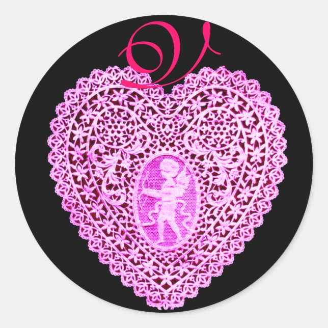 KUPID LACE HERZMONOGRAMM, rosa Runder Aufkleber (Vorderseite)