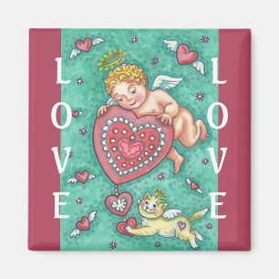 KUPIDS HERZ UND ANGEL KITTEN VALENTINE MAGNET Sq