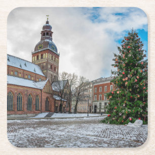 Kuppelplatz mit Weihnachtsbaum in Riga Leinwand Pr Rechteckiger Pappuntersetzer