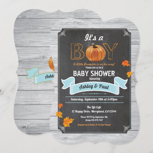 Kürbis-Babydusche Einladung rustikale Holzkreide (Vorne/Hinten)