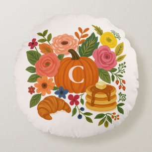 Kürbis-Blumen-Monogramm-Rundkissen Herbst Rundes Kissen