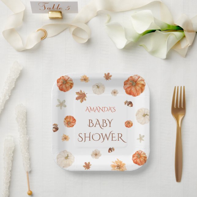Kürbis Boho Herbst Baby Shower Floral Pappteller (Hochzeit)