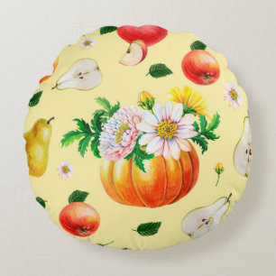 Kürbis, Chrysanthemum, Birnen, rote Äpfel Rundes Kissen
