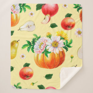 Kürbis, Chrysanthemum, Birnen, rote Äpfel Sherpadecke