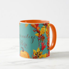Kürbis fallen und Herbstblätter kränzen Tasse