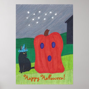 Kürbis-Geist und Zauberer-Katze Halloween-Plakate Poster