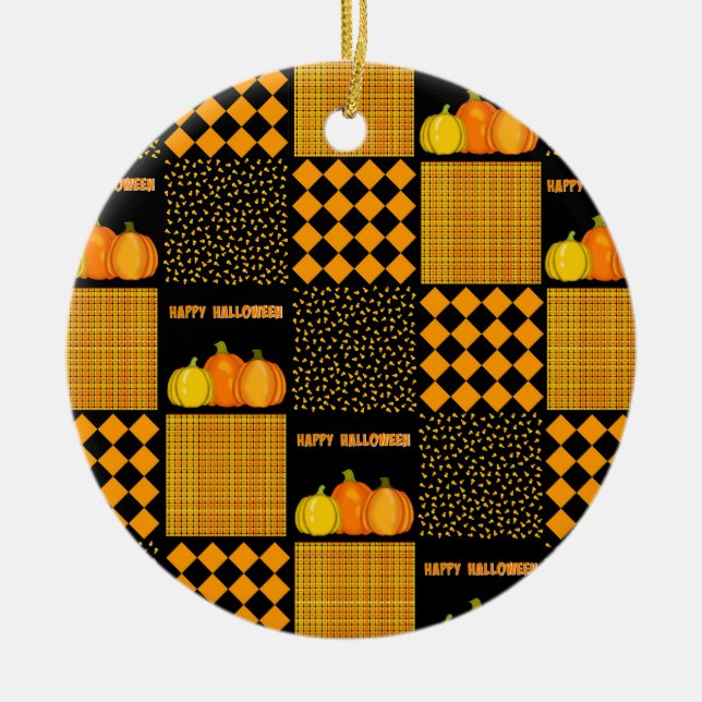 Kürbis-Halloween-Patchwork-Muster Keramik Ornament (Vorne)