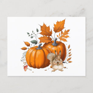 Kürbis, Herbstleaves und Eichhörnchen Postkarte