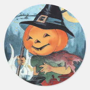 Kürbis-Hexe-Vintager Halloween-Aufkleber Runder Aufkleber