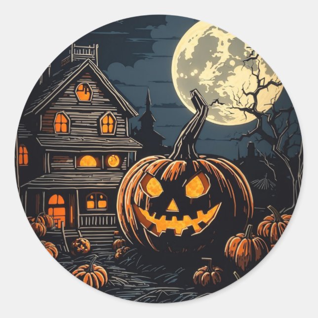 Kürbis im Halloween-Dorf Runder Aufkleber (Vorderseite)
