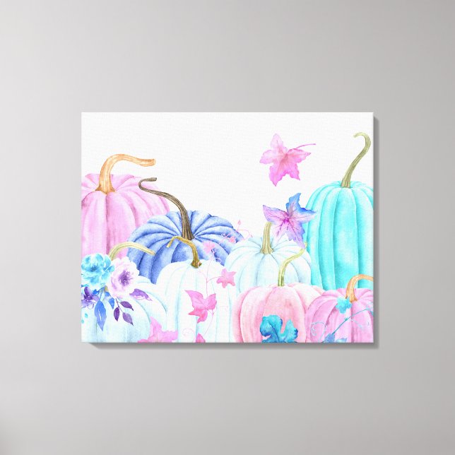 Kürbis in Aquarellfarben und Blumenrahmen Leinwanddruck (Vorderseite)