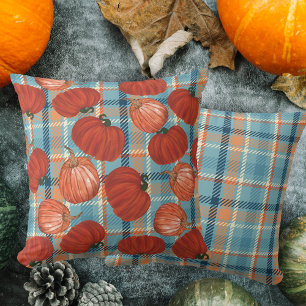 Kürbis in Blau und Orange kariert Kissen