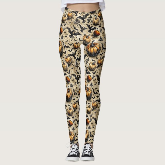 Kürbis, Krähen und Fledermäuse Halloween Muster (2 Leggings (Vorderseite)