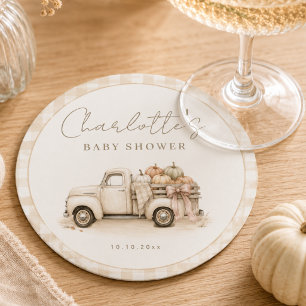 Kürbis-LKW Rustikal Gingham Herbst-Baby-Party Runder Pappuntersetzer