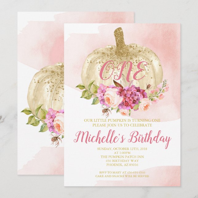 Kürbis-Mädchen-Rosa-Golderstes Einladung (Vorne/Hinten)