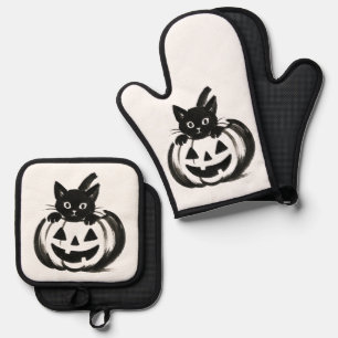 Kürbis-Peek – Halloween-Design mit schwarzer Katze Ofenhandschuh & Topflappen-Set