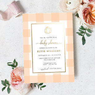 Kürbis-Pfirsich-Gingham-Baby-Shower-Folie-Einladun Folieneinladung