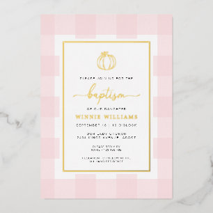 Kürbis Rosa Gingham Taufe Goldfolie Einladung