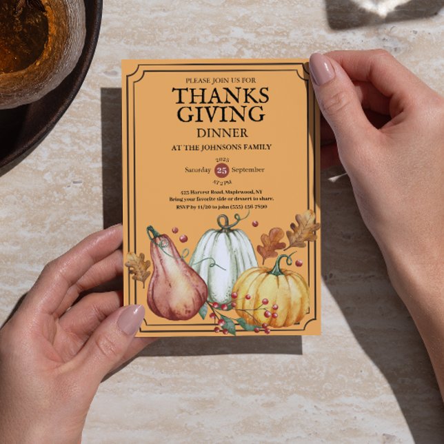 Kürbis-Rustikal-Thanksgiving-Abendessen-Herbst-Aqu Einladung (Pumpkin Rustic Thanksgiving Dinner Fall Watercolor Invitation)
