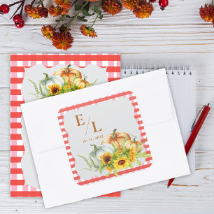Kürbis-Rustikale-Herbst-Monogramm-Hochzeitsumschla Quadratischer Aufkleber