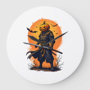 Kürbis-Samurai � Halloween-Krieger T-Shirt Große Wanduhr