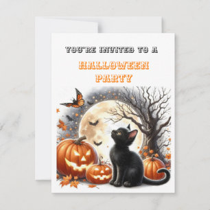 Kürbis-Schwarze-Katze-Kinder-Halloween-Party-Einla