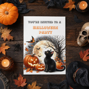 Kürbis-Schwarze-Katze-Kinder-Halloween-Party-Einla