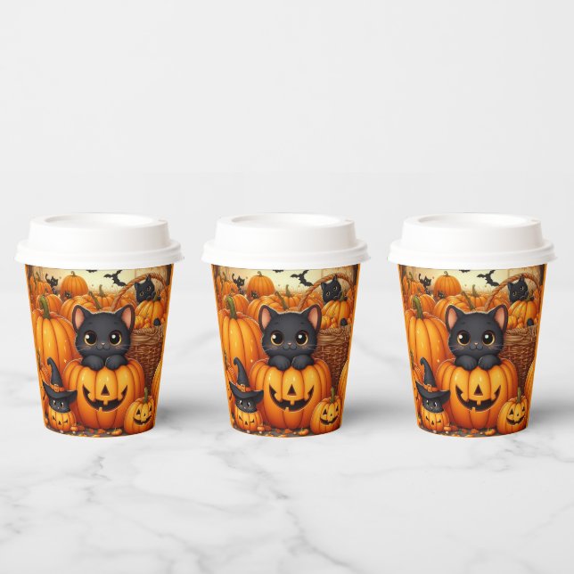 Kürbis, Schwarze Katzen und Fledermäuse Halloween Pappbecher (Multi)