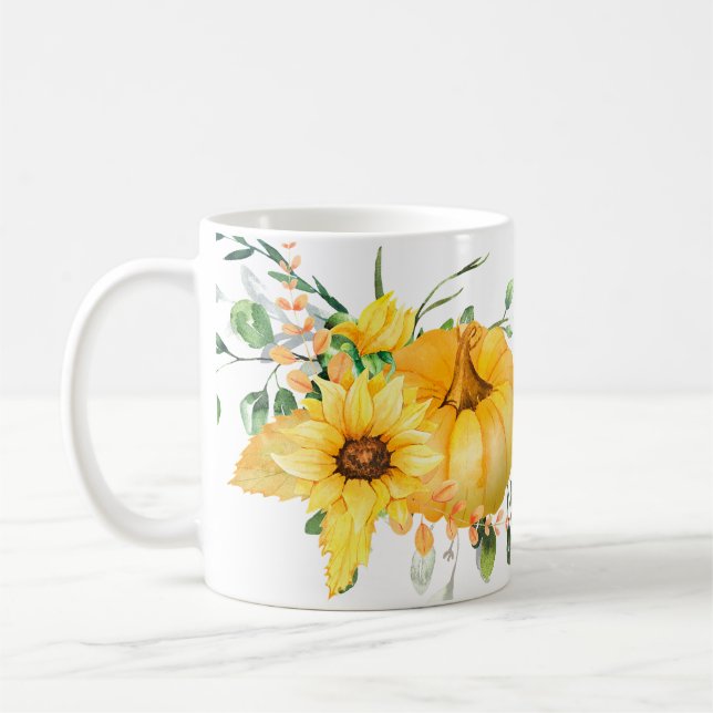 Kürbis, Sonnenblumen und Grünpflanzen Kaffeetasse (Links)