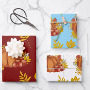 Kürbis und Äpfel mit Herbstblättern. zur Ernte Geschenkpapier Set