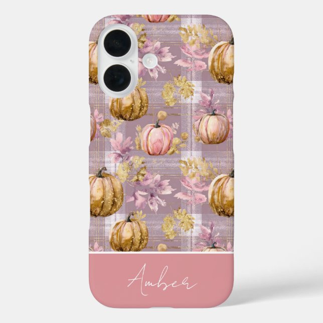Kürbis und Blumen im Karomuster  iPhone 16 Hülle (Rückseite)