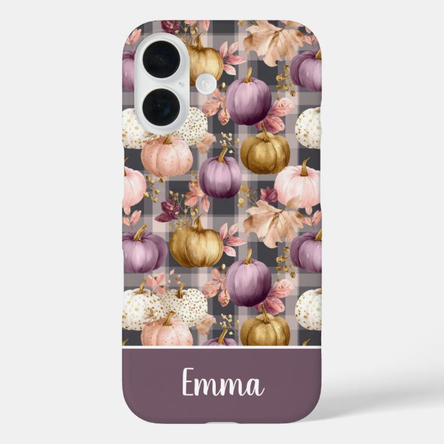 Kürbis und Blumen im Karomuster  iPhone 16 Hülle (Rückseite)