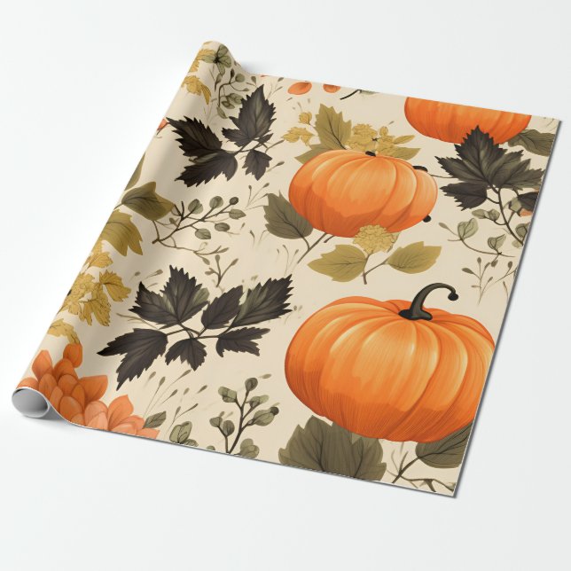 Kürbis und Herbstblüten Geschenkpapier (Ungerollt)