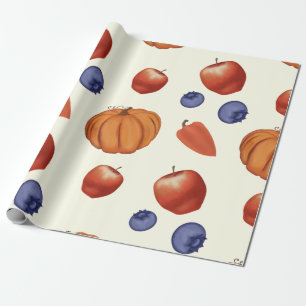 Kürbis und Pfeffer ernten, Beeren und Äpfel. Geschenkpapier