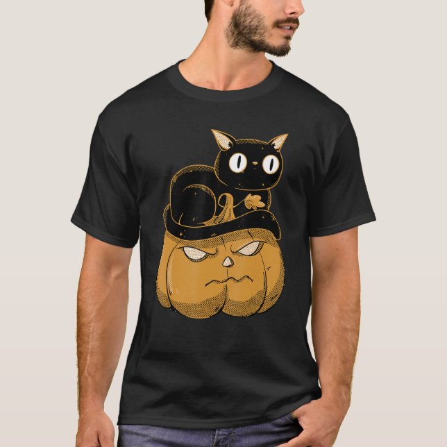 Kürbis und Schwarze Katze Halloween Kätzchen Kostü T-Shirt (Vorderseite)